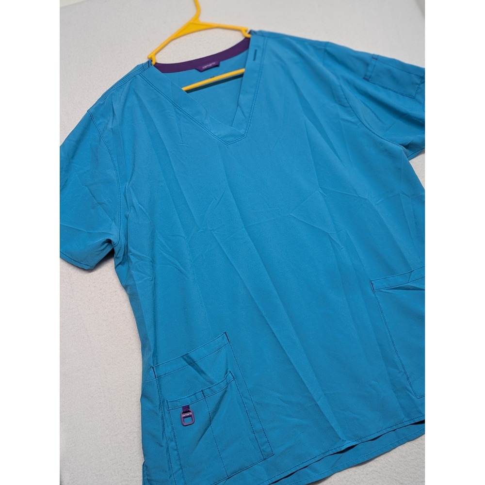 Carhartt Force Womens Blue V-Neck Scrub Top Purple Trim 2XL